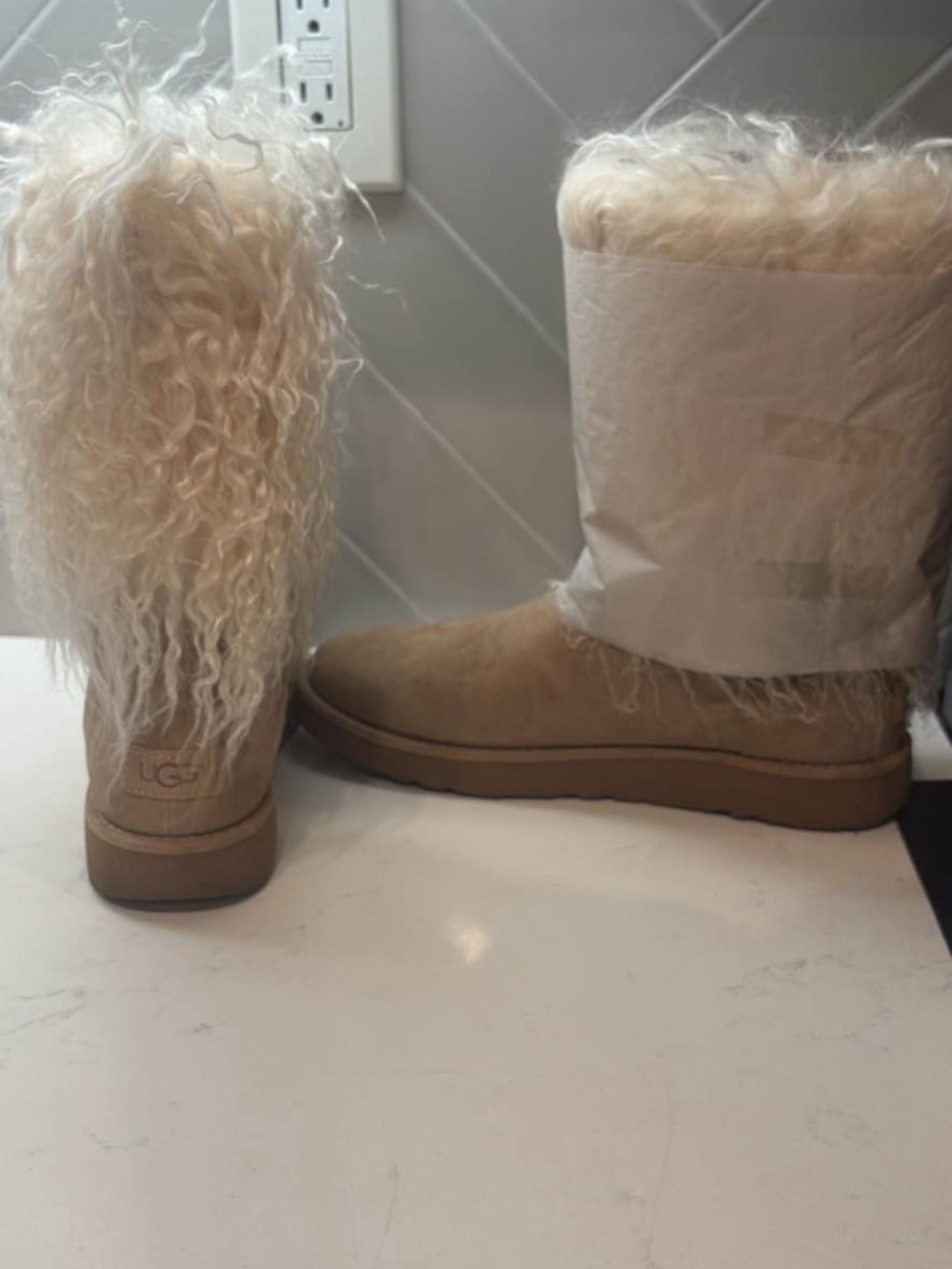 UGG Tall Shearling Boots in Chestnut with Cream Fur Trim